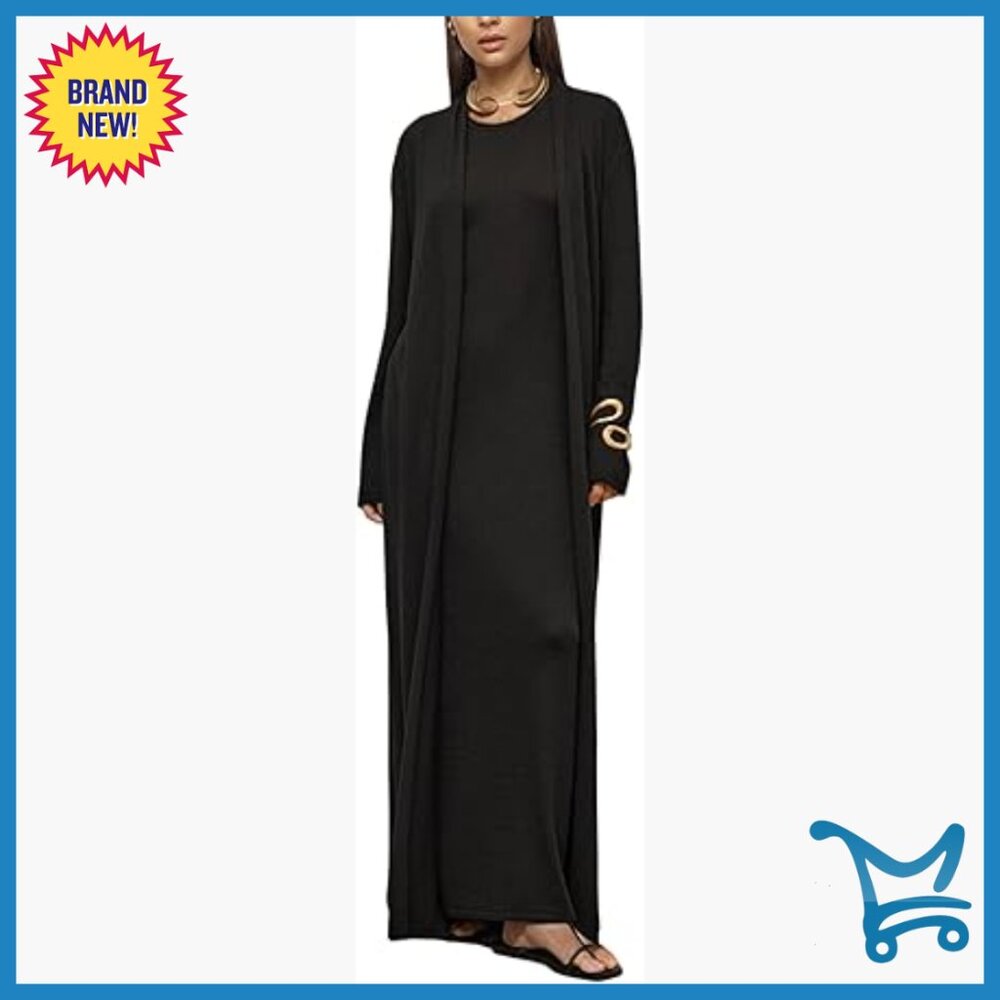 Soft Knit 2-Piece Set: Sleeveless Maxi Dress & Open Duster Cardigan